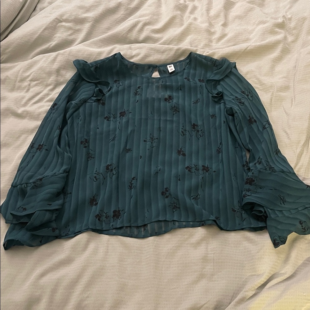 BP Teal Floral Blouse with Ruffle Sleeves